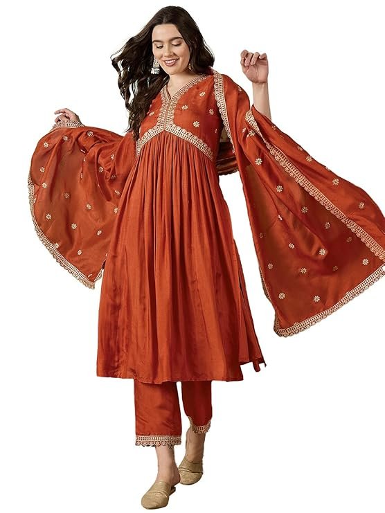 Rust Zari Embroidered Bell Sleeve Kurta Set